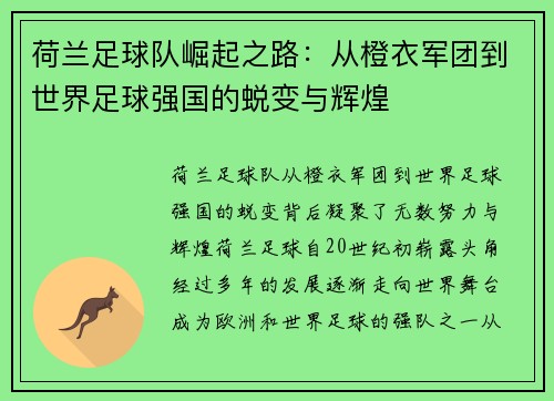 荷兰足球队崛起之路：从橙衣军团到世界足球强国的蜕变与辉煌