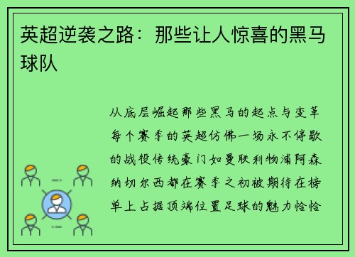 英超逆袭之路：那些让人惊喜的黑马球队
