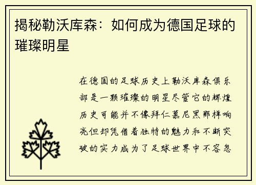揭秘勒沃库森：如何成为德国足球的璀璨明星