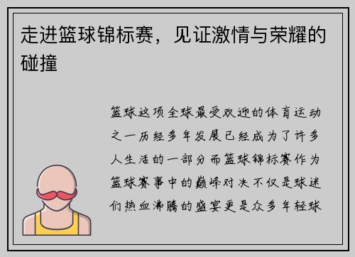 走进篮球锦标赛，见证激情与荣耀的碰撞