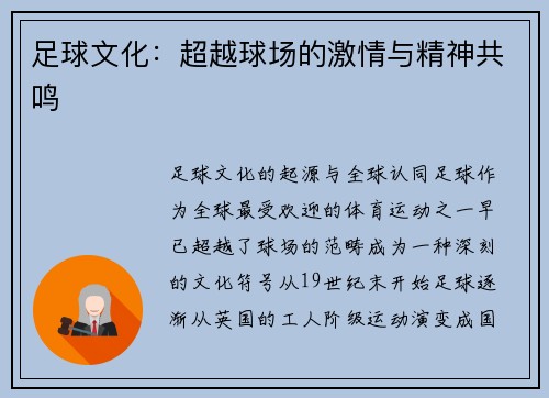 足球文化：超越球场的激情与精神共鸣