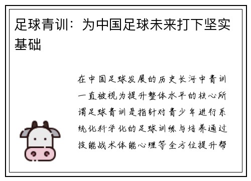 足球青训：为中国足球未来打下坚实基础