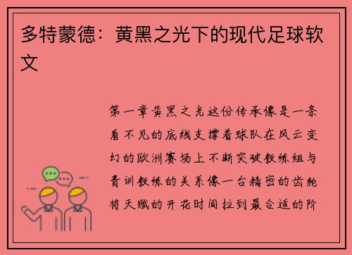 多特蒙德：黄黑之光下的现代足球软文
